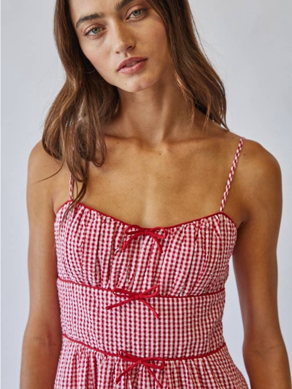 Red Gingham Midi Sundress with Spaghetti Straps - Picture 6 of 7